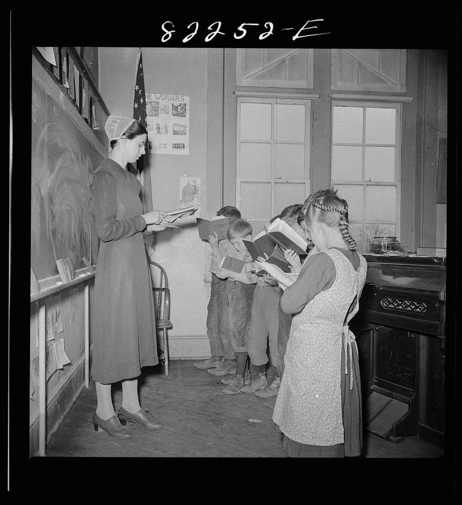 John Collier Jr., children and teacher in a Mennonite school, Pennsylvania, March 1942