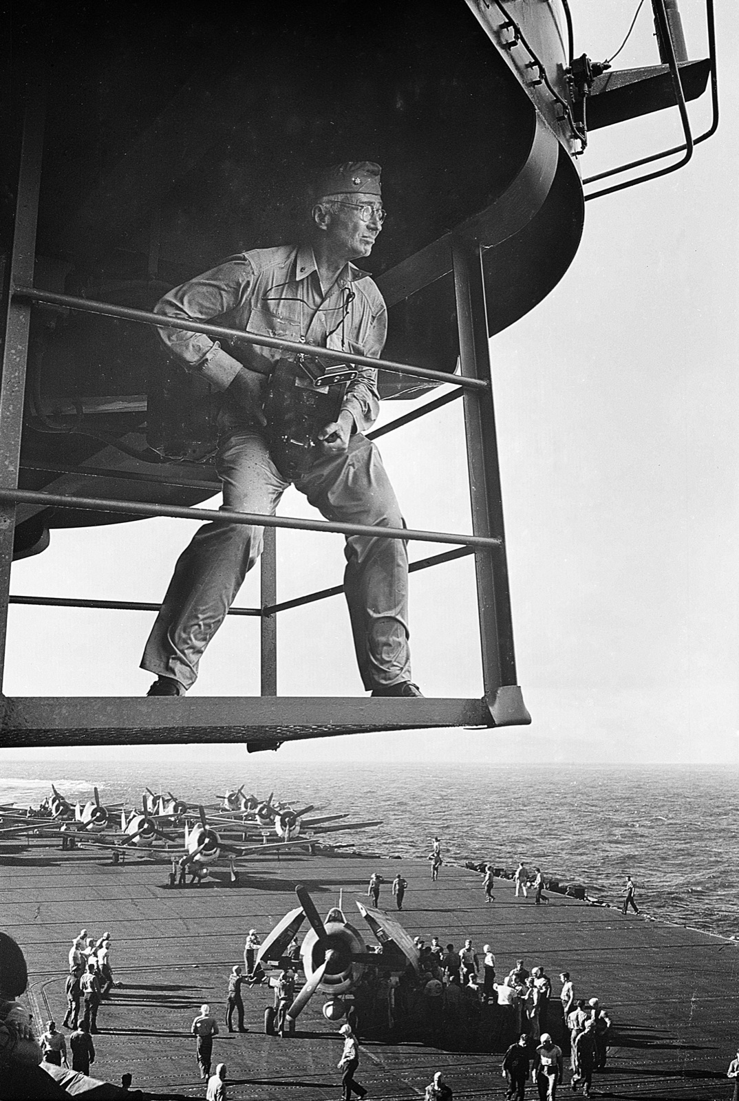Cmdr Edward Steichen photographed above the USS Lexington flight deck, November 1943