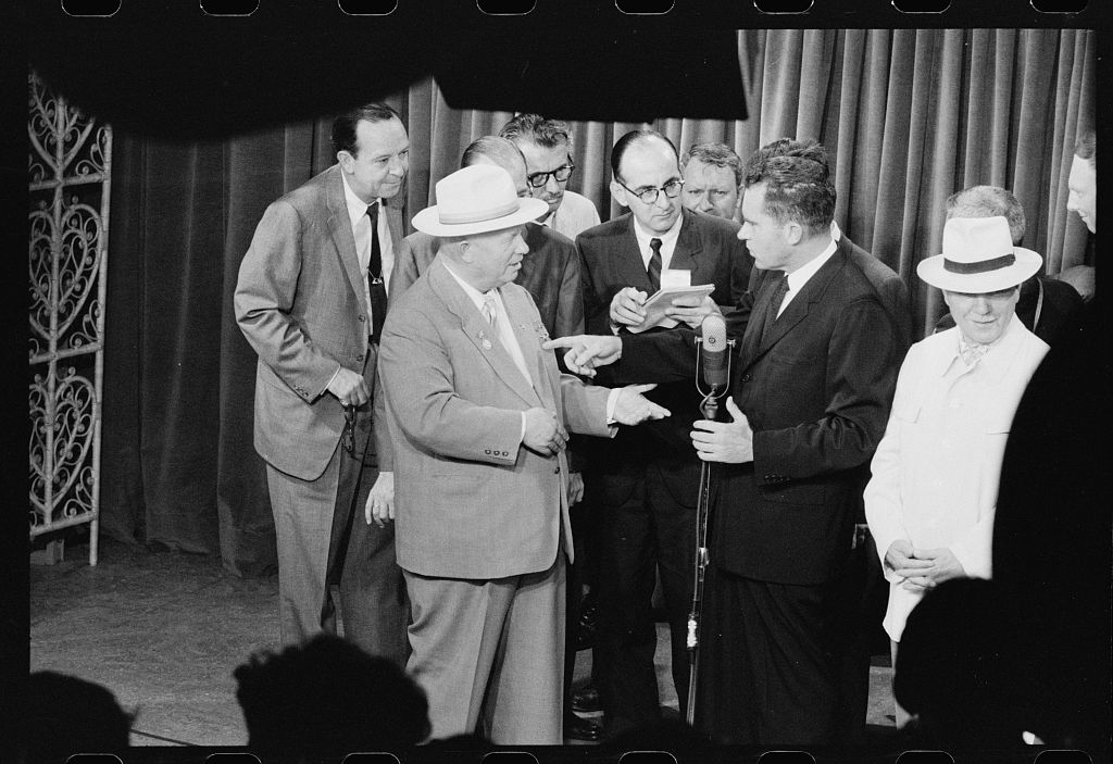 Richard Nixon and Nikita Khrushchev debating at the American National Exhibition, Moscow, July 1959